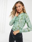 Asos Design Top In Slinky Fabric With Long Sleeve In Khaki Tie Dye-green