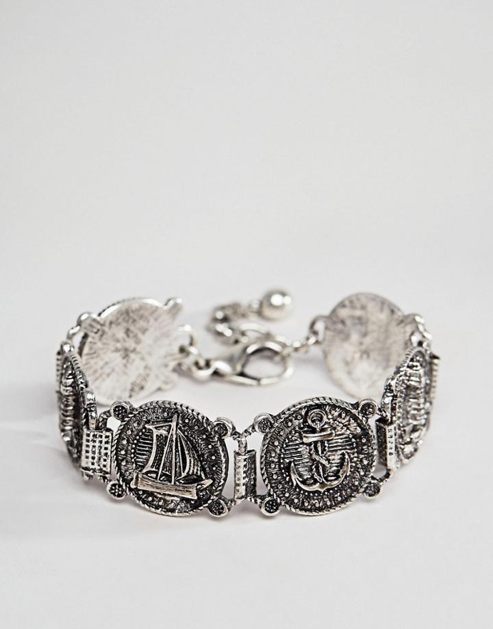 Asos Design Vintage Style Nautical Bracelet In Burnished Silver - Silver