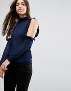 Asos Sweater In Pointelle With Ruffle Cold Shoulder - Navy