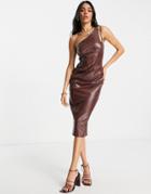Asos Design One Shoulder Midi Pencil Dress In Textured Brown Croc