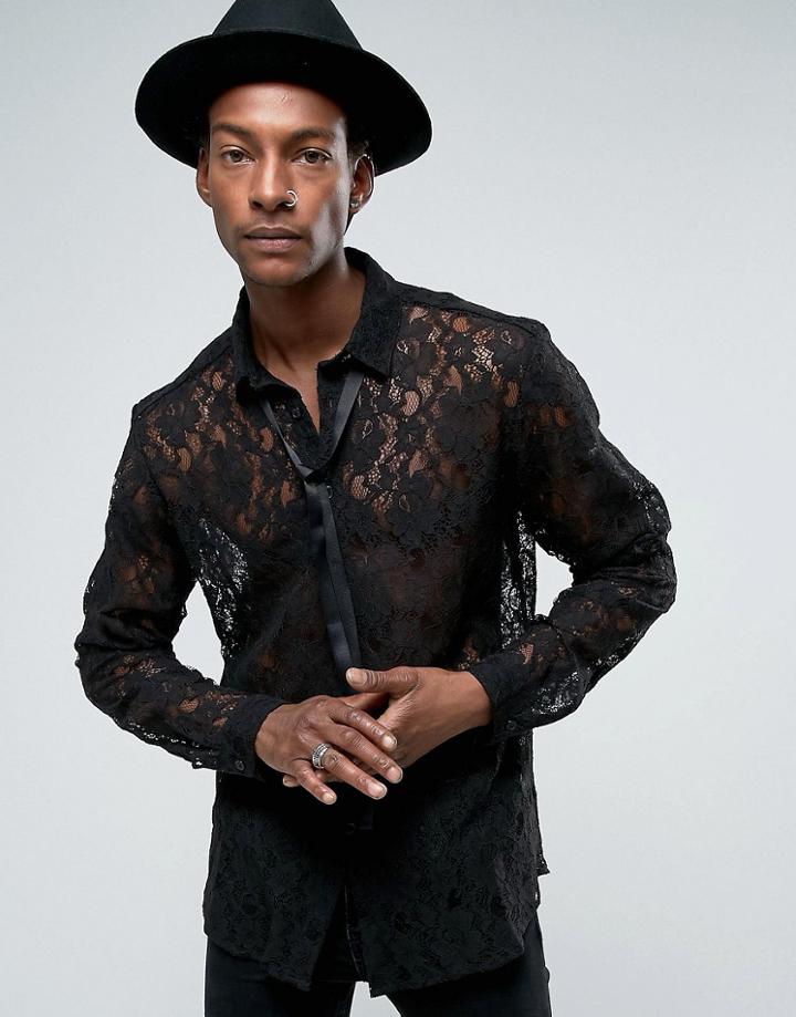Asos Regular Fit Lace Shirt With Pussy Bow In Black - Black