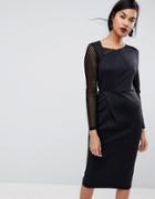 Asos Midi Pencil Dress With Mesh Sleeve And Tuck Detail - Black