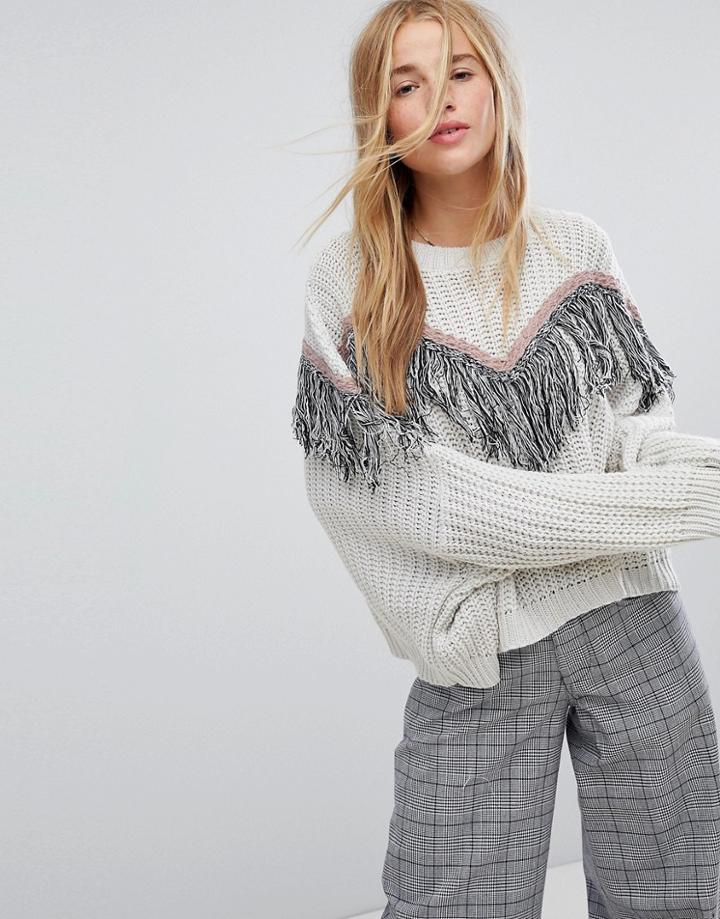 Pull & Bear Fringe Detail Chevron Sweater - Cream