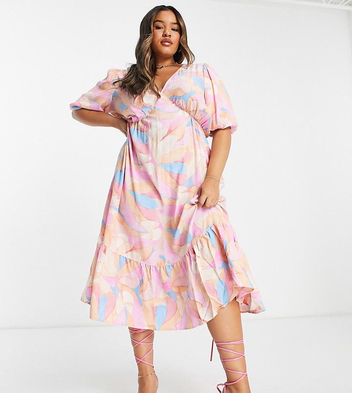 Vila Curve Midi Dress With V-neck In Pastel Abstract Print-multi