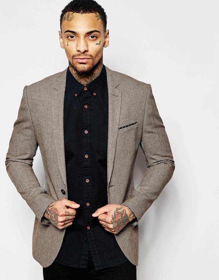 Asos Super Skinny Suit Jacket In Dogstooth In Brown - Brown