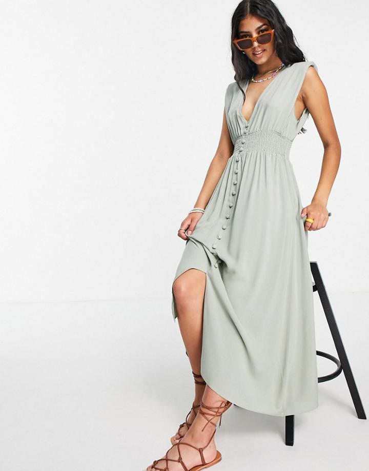 Asos Design Button Through Maxi Dress With Shirred Waist In Khaki-green