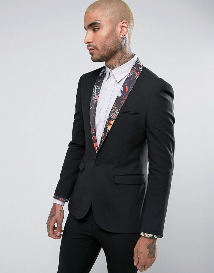 Asos Super Skinny Tuxedo Suit Jacket In Black With Butterfly Print Lapel - Black