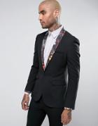 Asos Super Skinny Tuxedo Suit Jacket In Black With Butterfly Print Lapel - Black