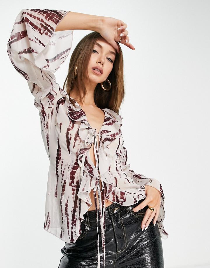 Asos Design Sheer Long Sleeve Top With Double Tie Detail In Tie Dye Print-multi