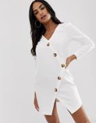 Asos Design Asymmetric Shift Mini Dress With Tortoiseshell Buttons-white