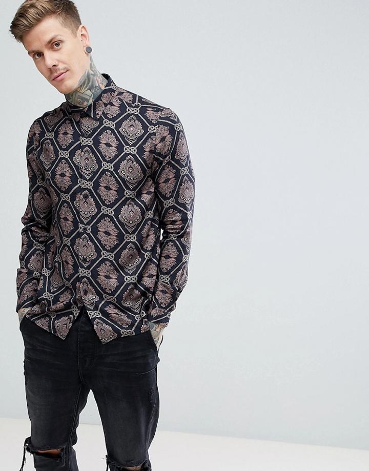 Asos Regular Fit Viscose Baroque Print Shirt - Black