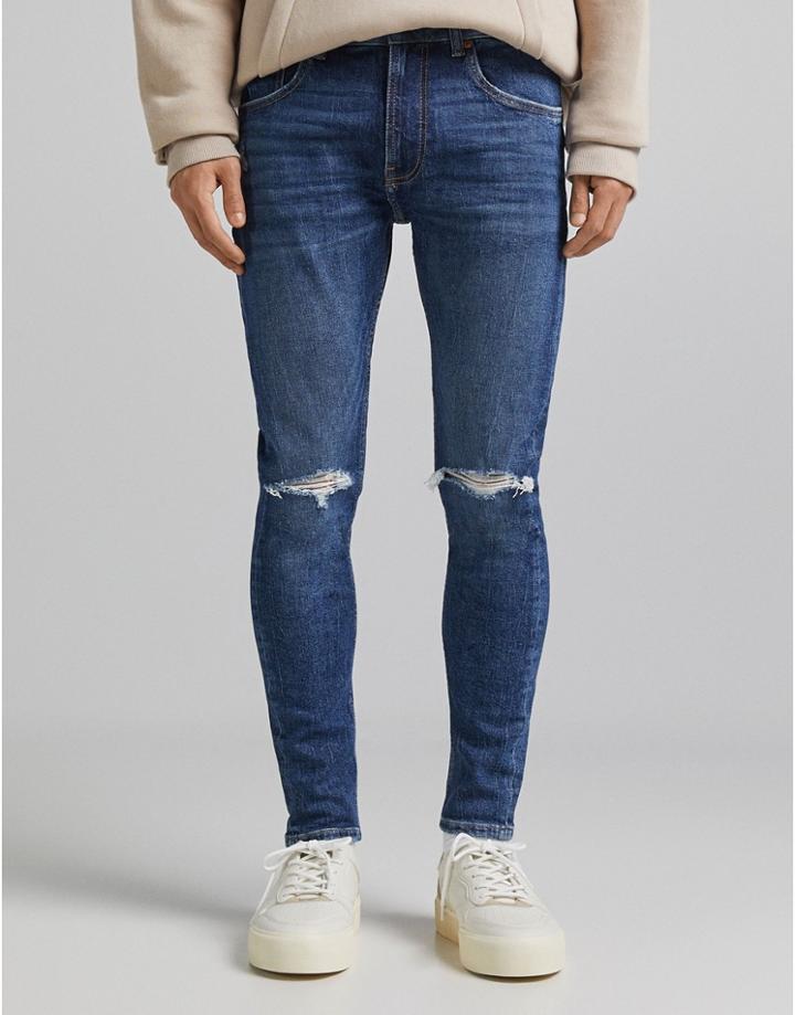 Bershka Super Skinny Jeans With Rips In Mid Blue-blues