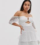 Asos Design Petite Bardot Mini Dress In Broderie Lace With Circle Trim Detail-white