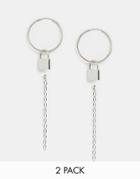 Asos Design Pack Of 2 Earrings With Padlock Hoop And Chain Drop In Silver Tone - Silver