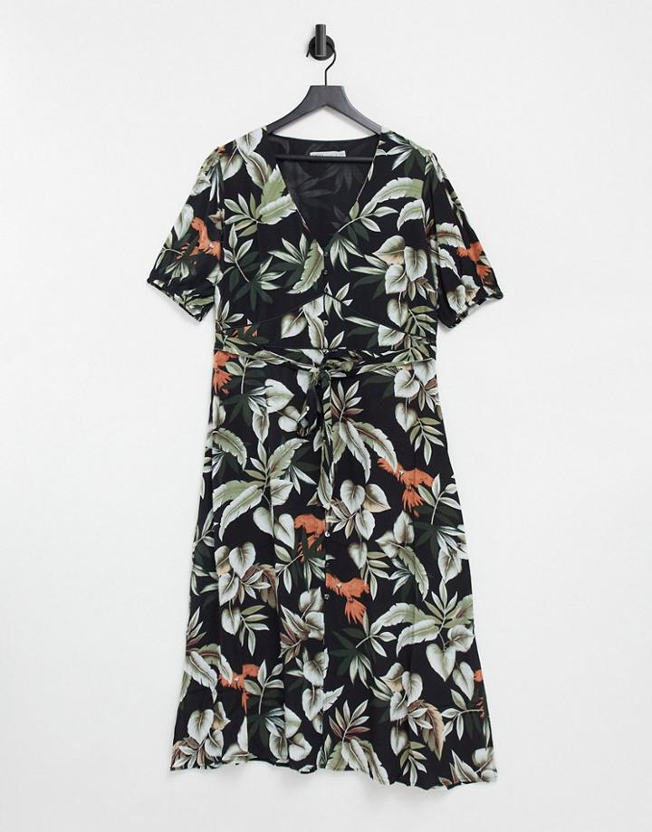 Oasis Balloon Sleeve Midi Dress In Tropical Print-multi