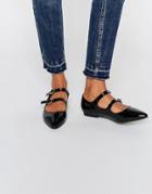 Daisy Street Black Patent Multi Strap Point Flat Shoes - Black Patent