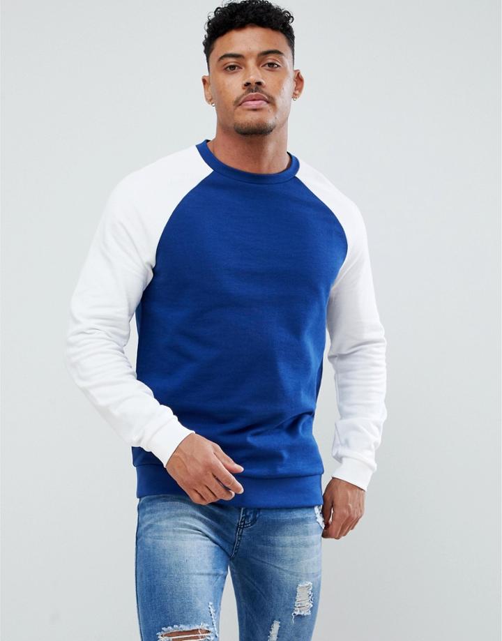 Asos Design Sweatshirt With Raglan Sleeves In Dark Blue And White - Blue