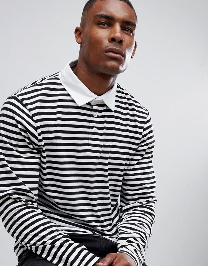 Boohooman Long Sleeve Polo In Stripe - White