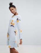 Vila Floral Dress With Ruffle Sleeves - Blue