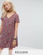 Reclaimed Vintage Inspired Festival Button Front Tea Dress In Floral - Red