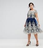 Chi Chi London Plus Premium Metallic Lace Midi Prom Dress With Bardot Neck - Navy
