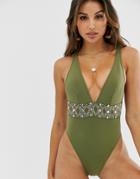 River Island Plunge Swimsuit With Embellished Waist In Khaki-green