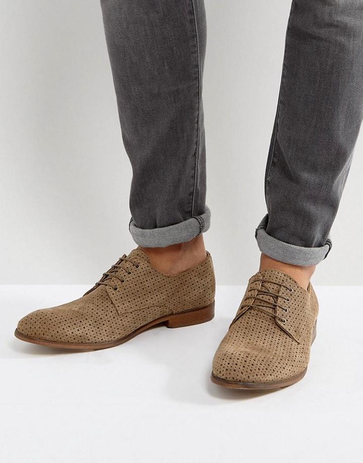 Asos Derby Shoes In Stone Suede With Perforated Detail - Stone