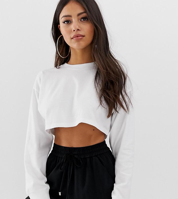 Asos Design Petite Long Sleeve Crop Top With Rib Cuff In White
