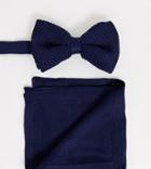 Asos Design Knitted Bow Tie In Navy & Pocket Square