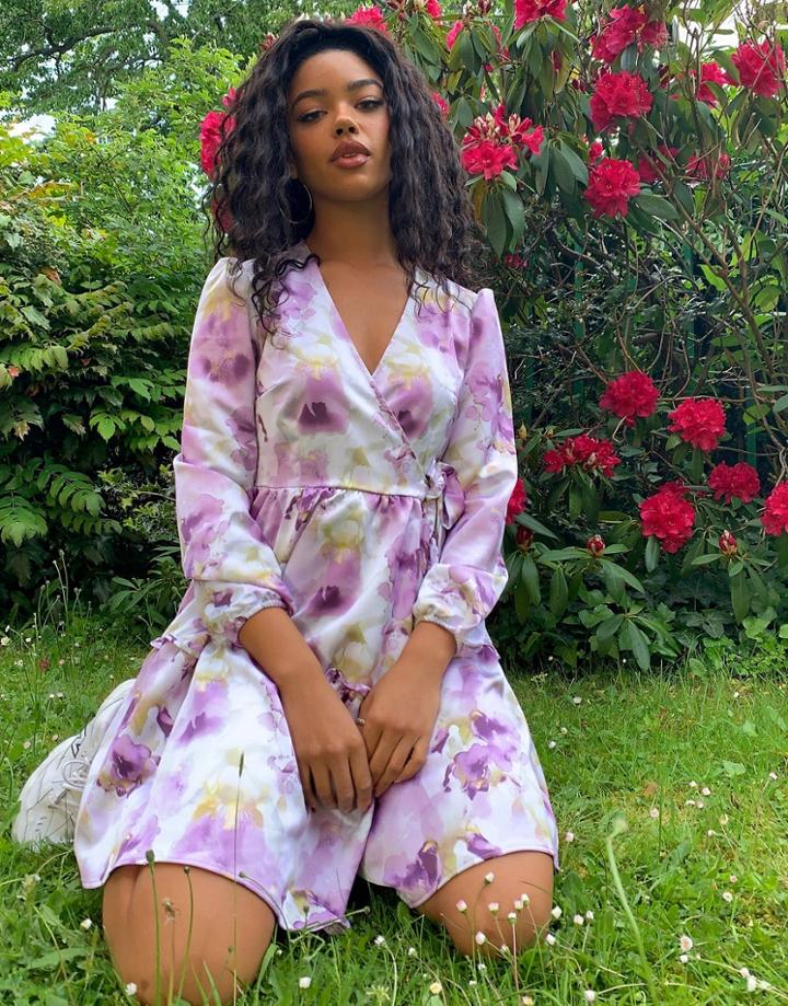 Monki Molly Long Sleeve Floral Print Wrap Dress In Purple