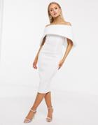 Asos Design Fold Front Bardot Midi Pencil Dress In Ivory-white