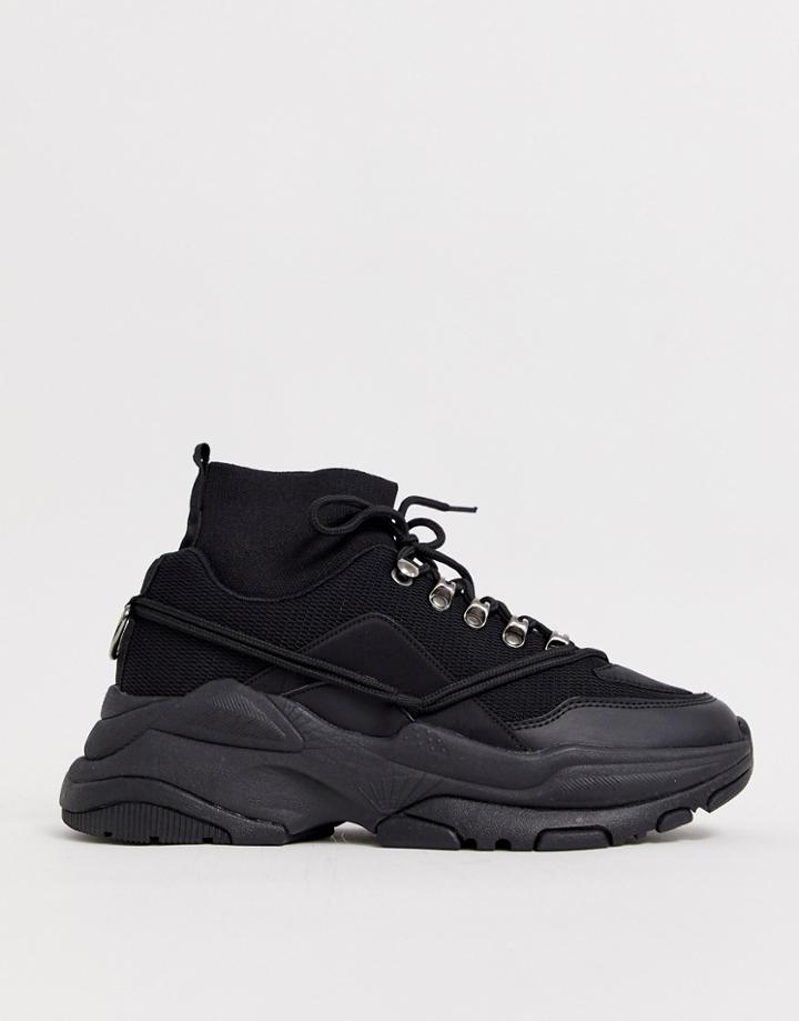 Asos Design Sneakers In Black With Sock And Chunky Sole - Black