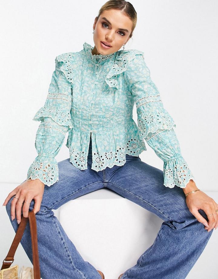 River Island Floral Ruffle Neck Blouse In Blue-blues