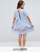 Asos Petite Smock Dress With Don't Look Back Embroidery - Blue