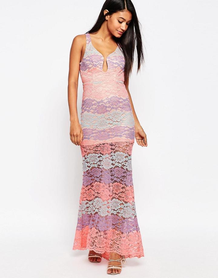 Love Triangle Multi Lace Plunge Maxi Dress - Pink Multi
