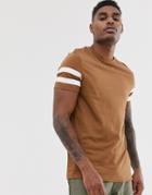 Asos Design Organic T-shirt With Sleeve Stripes In Brown