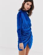 Boohoo Velvet Rouched Wrap Front Mini Dress In Blue - Blue