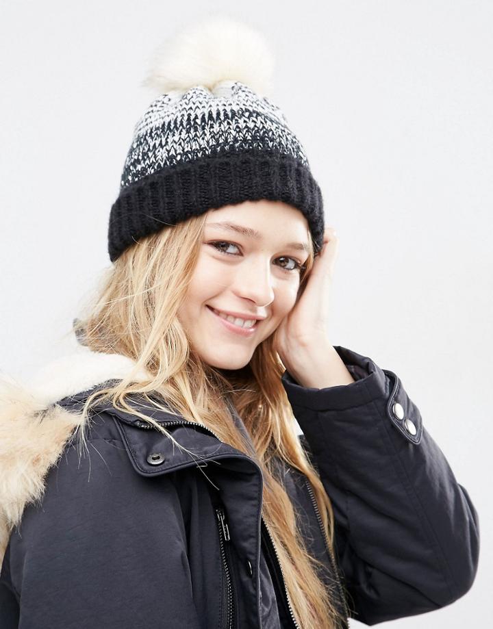 Asos Mixed Knit Slub Beanie With Faux Fur Pom - Multi