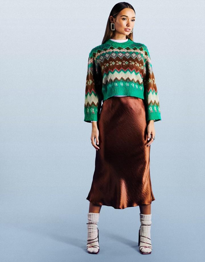 Asos Design Fluffy Boxy Sweater In Fairisle Pattern In Green