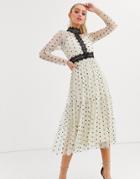 Lace & Beads Long Sleeve Polka Dot Midi Dress With Lace Inserts In Cream/black-multi