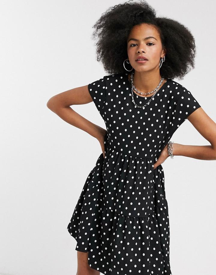 Bershka Tiered Polka Dot Smock Dress In Black