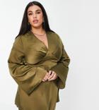 Flounce London Plus Boho Wide Sleeve Mini Dress In Khaki-green