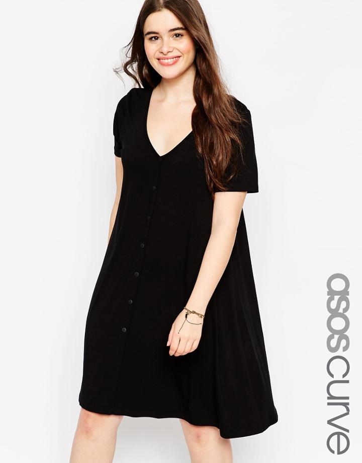 Asos Curve Button Front Swing Dress - Black