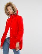 Noisy May Parka With Faux Fur Hood - Red
