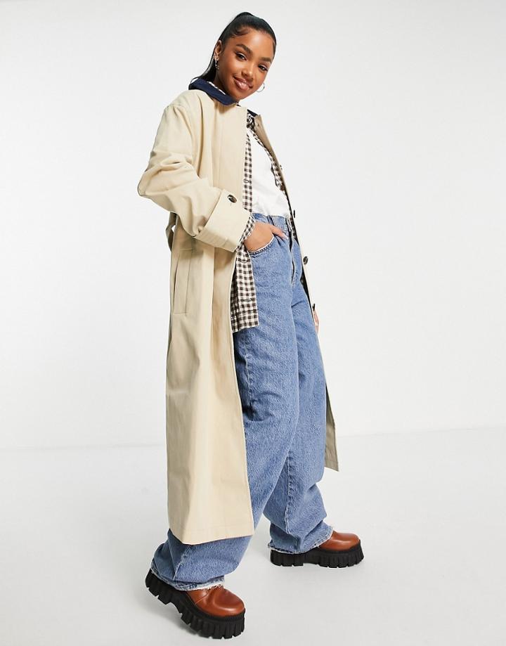 Asos Design Oversized Throw-on Trench In Stone With Navy Cord Collar-brown