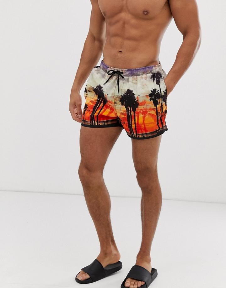 River Island Swim Shorts With Palm Tree Print-orange