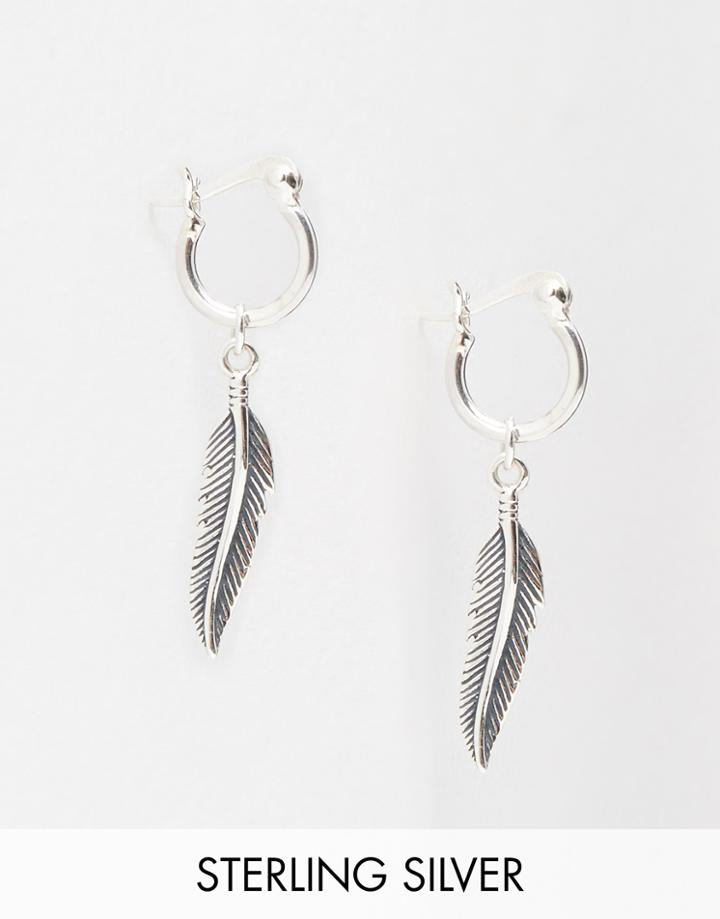 Asos Sterling Silver Feather Hoop Earrings - Silver
