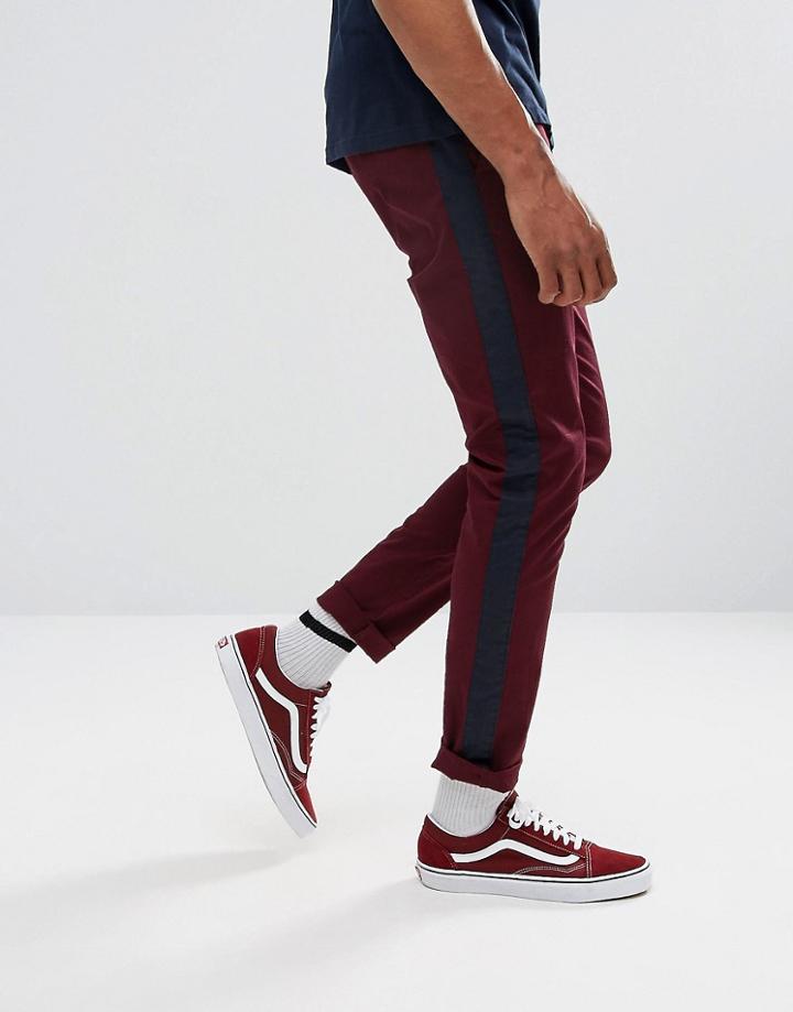 Asos Skinny Pants With Side Stripe In Burgundy - Red