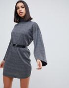 Asos Design High Neck Rib Sweat Dress With Belt - Gray
