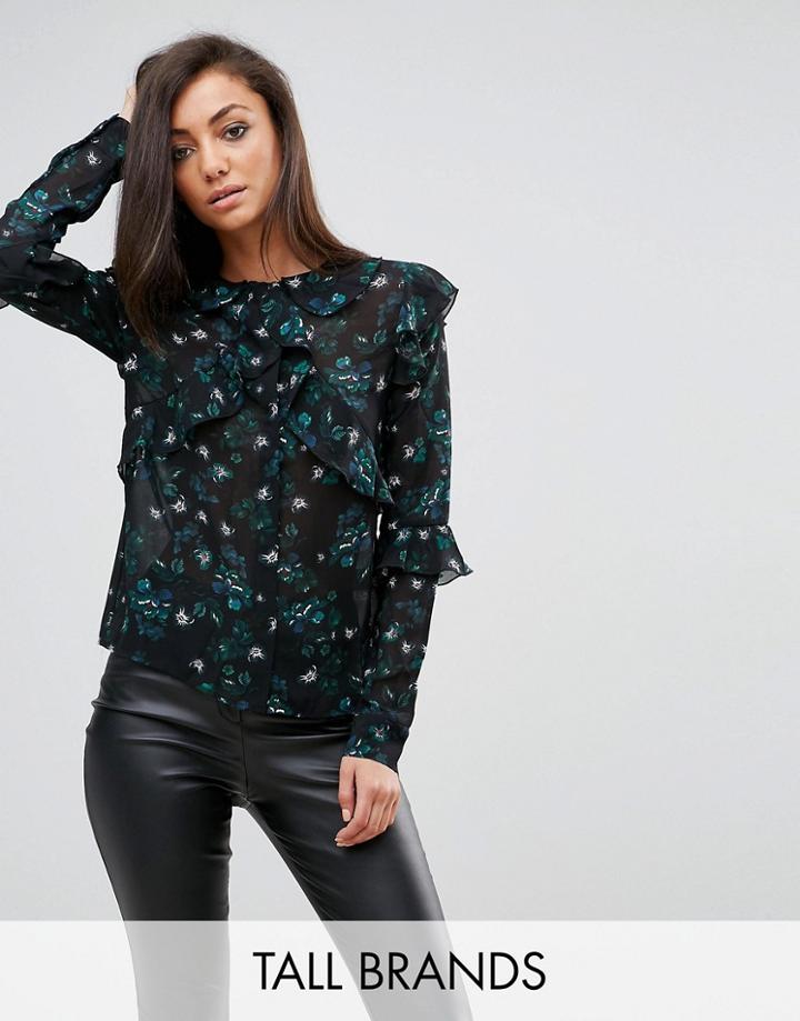 Fashion Union Tall Blouse With Ruffle Layers In Sheer Dark Floral - Multi
